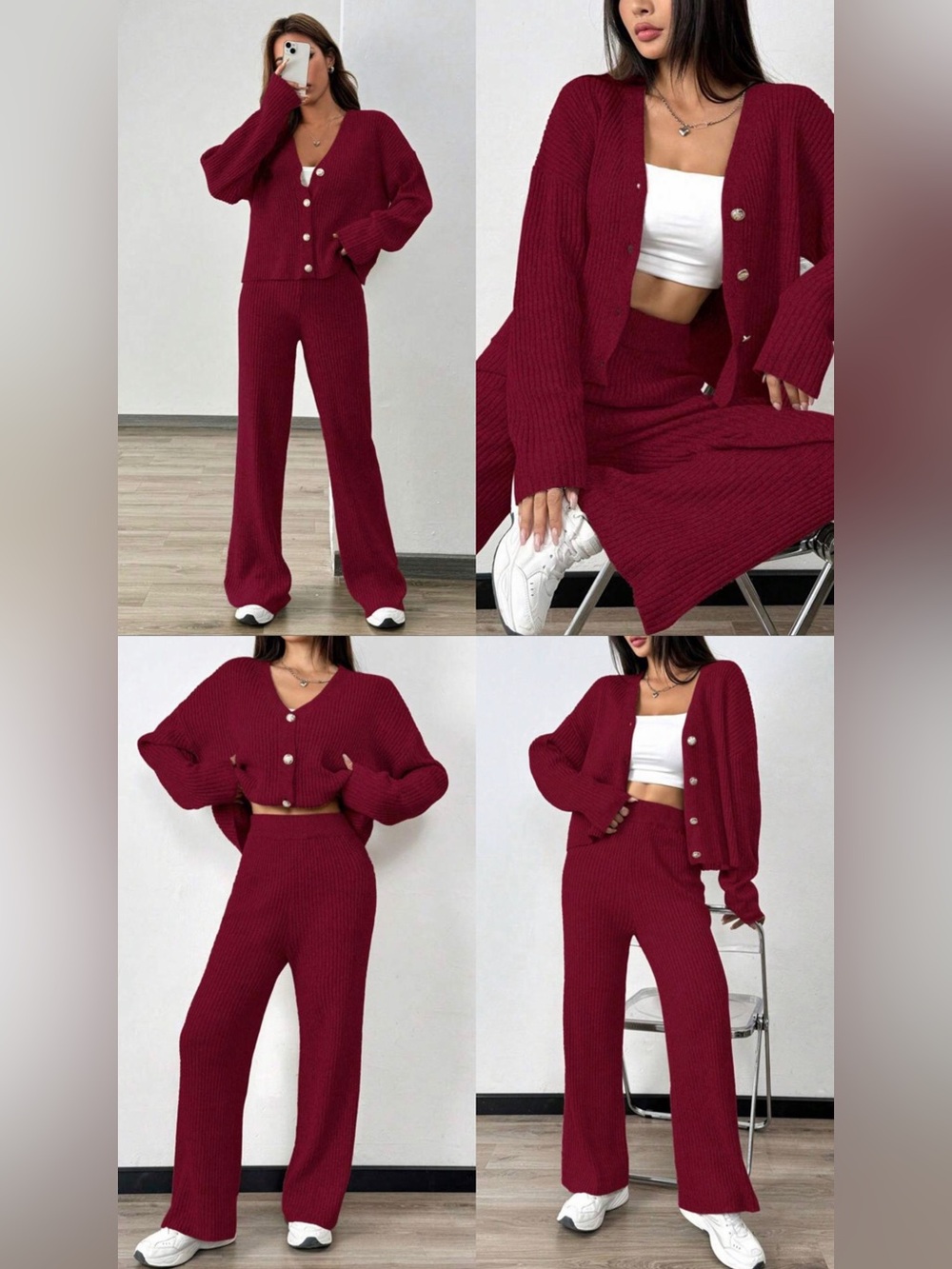 Ribbed Wide-Leg Knit Pant & Cardigan Set - Burgundy